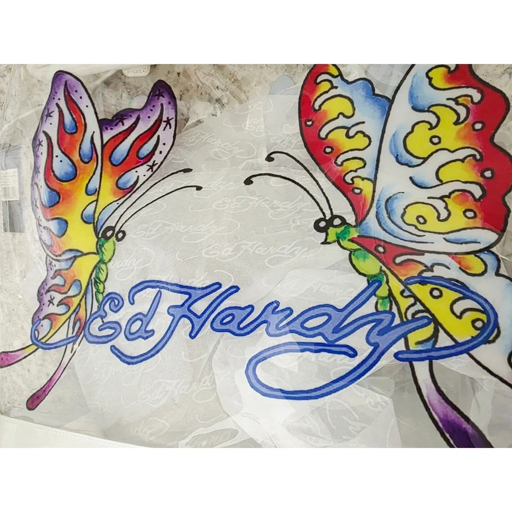 Ed Hardy Clear PVC Butterfly Beach Tote Bag & Zip Pouch Purple White 14x13x6 NWT